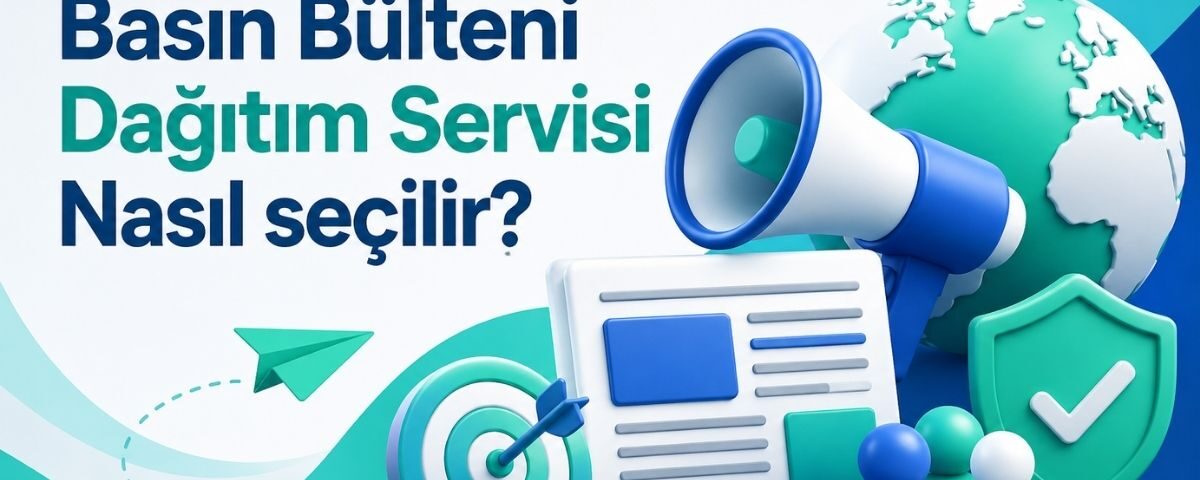 Basın bülteni dağıtım servisi nasıl seçilir sorusuna yanıt veren, megafon ve veri raporlama ikonları içeren dijital PR rehberi kapak görseli.