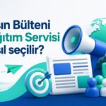 Basın bülteni dağıtım servisi nasıl seçilir sorusuna yanıt veren, megafon ve veri raporlama ikonları içeren dijital PR rehberi kapak görseli.