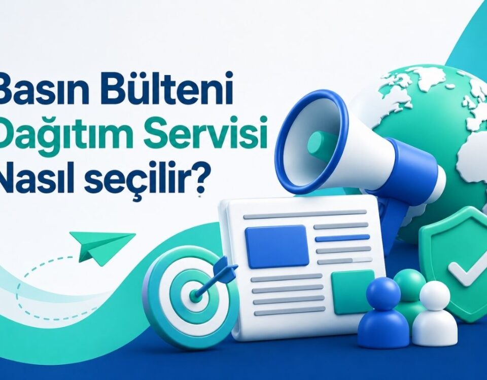 Basın bülteni dağıtım servisi nasıl seçilir sorusuna yanıt veren, megafon ve veri raporlama ikonları içeren dijital PR rehberi kapak görseli.