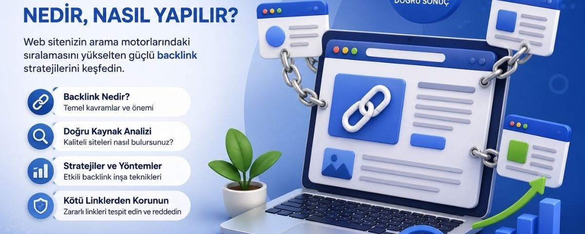 Backlink nedir nasıl yapılır sorusuna yanıt veren, SEO bağlantı inşasını ve site otoritesini artırma yöntemlerini temsil eden rehber görseli.