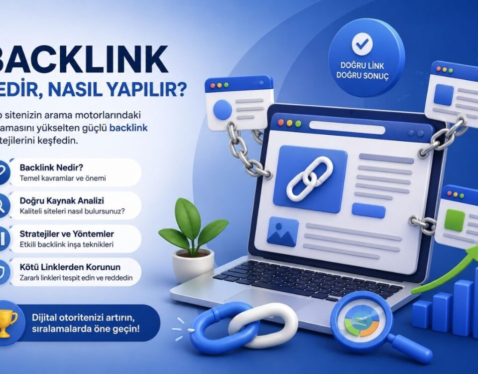 Backlink nedir nasıl yapılır sorusuna yanıt veren, SEO bağlantı inşasını ve site otoritesini artırma yöntemlerini temsil eden rehber görseli.