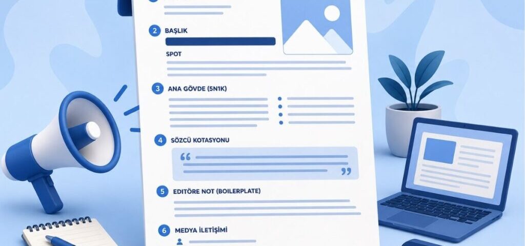Basın bülteni nasıl yazılır sorusuna yanıt veren, 5N1K kurallarına uygun basın açıklaması örneği ve belge şablonunu gösteren illüstrasyon.