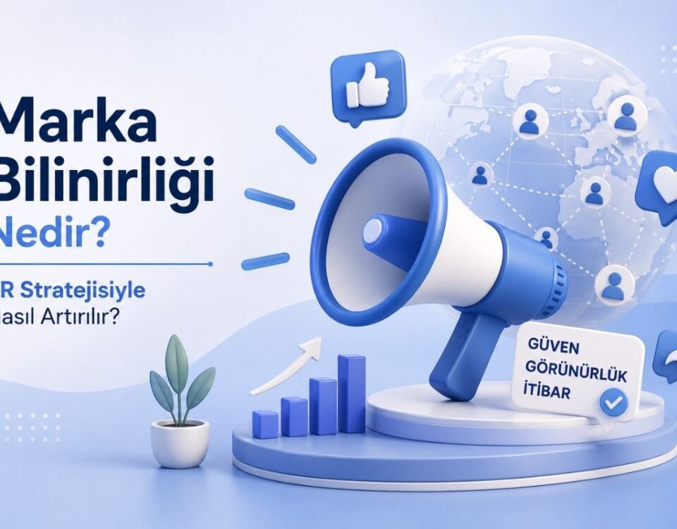 Marka bilinirliği nedir sorusunu ve PR stratejileriyle kurumsal itibar artırma yöntemlerini anlatan rehber görseli.