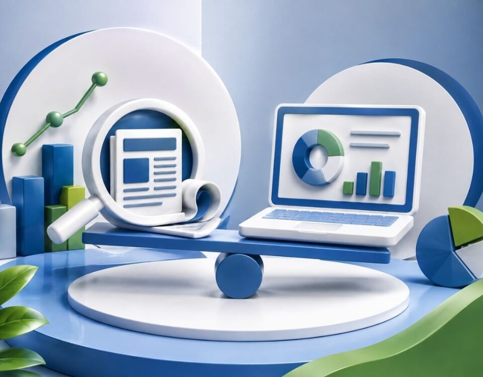 Advertorial (Sponsorlu İçerik) Nedir kavramını temsil eden dijital pazarlama grafikleri ve terazi illüstrasyonu