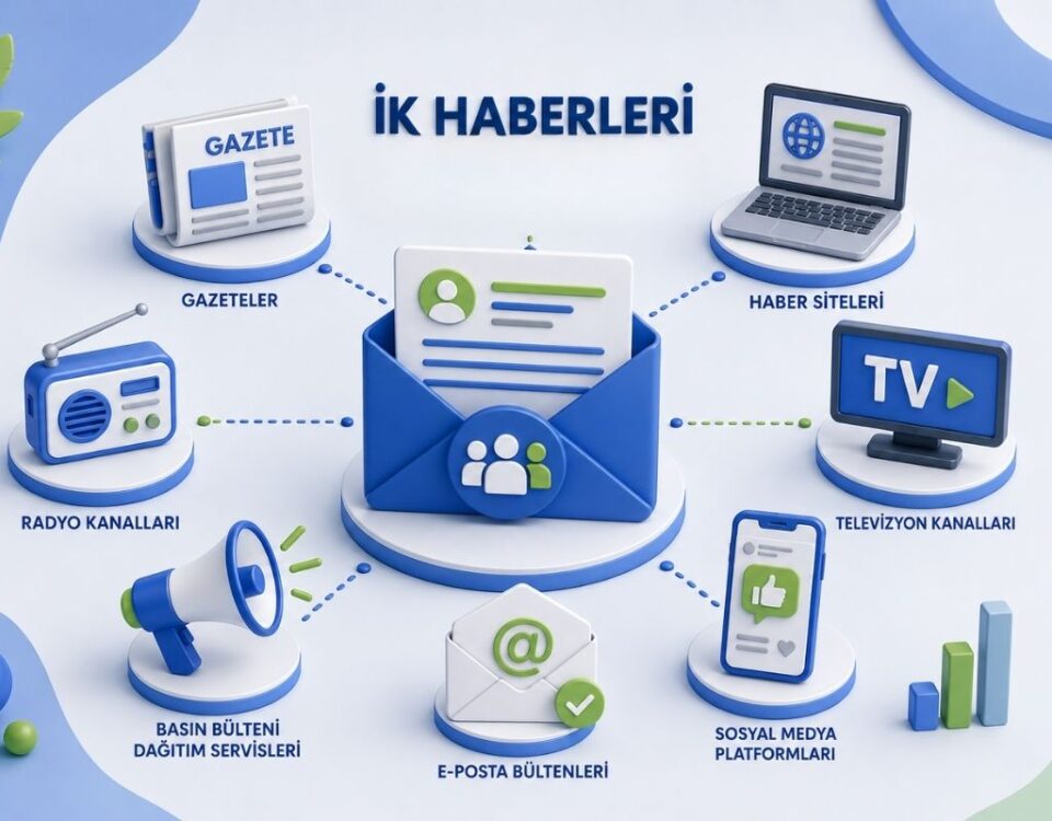 İK haberleri ve insan kaynakları basın bülteni medya dağıtım kanalları illüstrasyonu.