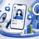 Influencer marketing nedir ve nasıl yapılır konusunu temsil eden, akıllı telefon, yayın ekipmanları ve büyüme grafiklerinden oluşan 3D dijital pazarlama illüstrasyonu