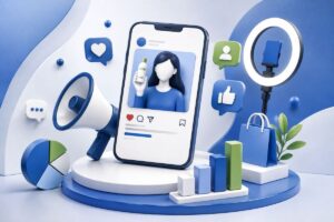Influencer marketing nedir ve nasıl yapılır konusunu temsil eden, akıllı telefon, yayın ekipmanları ve büyüme grafiklerinden oluşan 3D dijital pazarlama illüstrasyonu