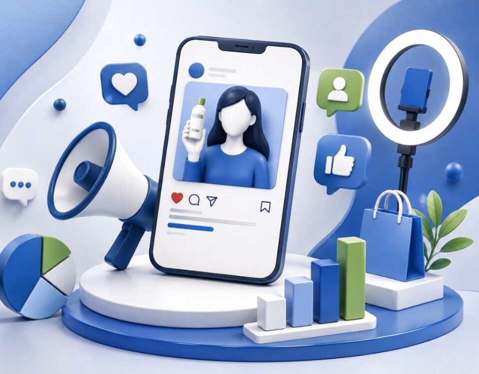 Influencer marketing nedir ve nasıl yapılır konusunu temsil eden, akıllı telefon, yayın ekipmanları ve büyüme grafiklerinden oluşan 3D dijital pazarlama illüstrasyonu