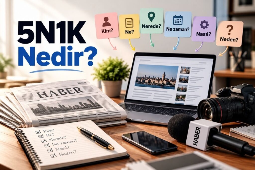 5N1K nedir? Kim, ne, nerede, ne zaman, nasıl ve neden sorularını gazete, bilgisayar ve gazetecilik ekipmanlarıyla gösteren görsel.