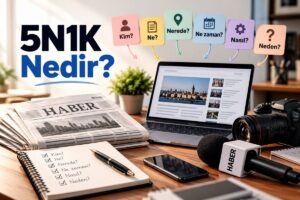 5N1K nedir? Kim, ne, nerede, ne zaman, nasıl ve neden sorularını gazete, bilgisayar ve gazetecilik ekipmanlarıyla gösteren görsel.