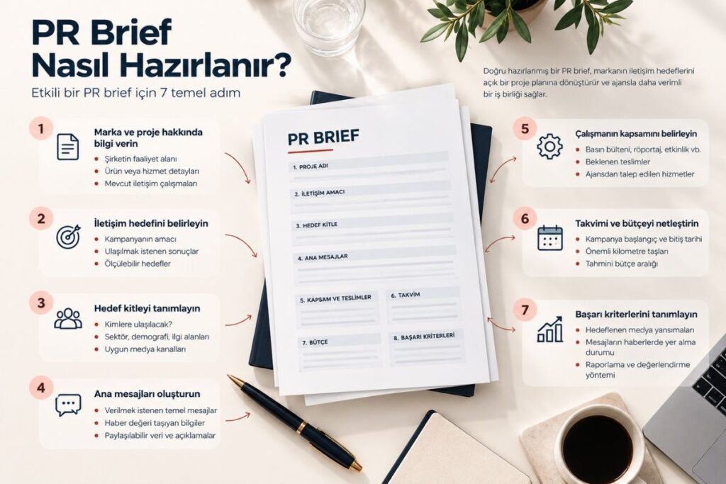 PR brief nasıl hazırlanır? Marka bilgileri, iletişim hedefi, hedef kitle, ana mesajlar, çalışma kapsamı, takvim, bütçe ve başarı kriterlerini gösteren infografik.