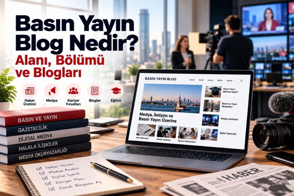 Basın yayın blog nedir? Gazetecilik, dijital medya, basın yayın bölümü ve kariyer fırsatlarını anlatan blog kapak görseli.