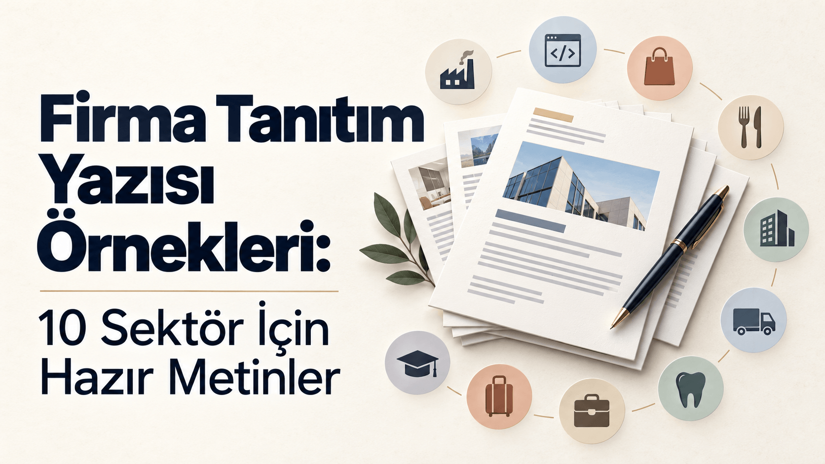 Firma tanıtım yazısı örneklerini simgeleyen kurumsal belgeler ve 10 farklı sektöre ait ikonlar.