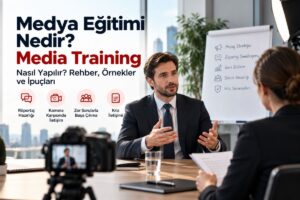 Medya eğitimi kapsamında kamera karşısında röportaj provası yapan şirket yöneticisi ve iletişim uzmanı.